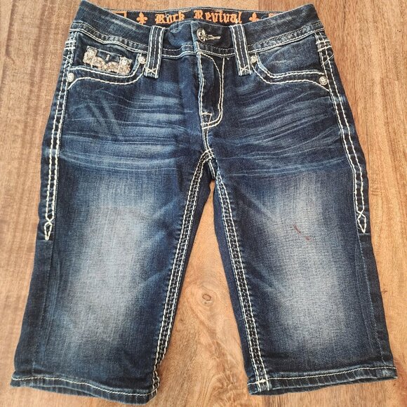 Rock Revival Shorts Womens 25 Blue Easy Bermuda Nancy Rhinestone Trim EB35GEM6 - Picture 1 of 16